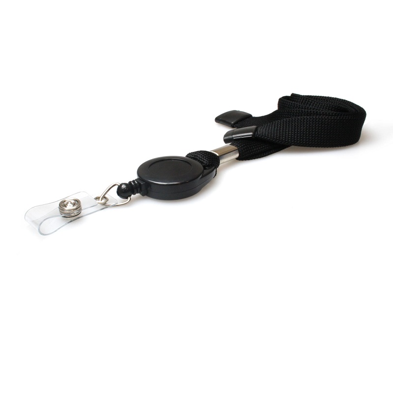 Bilde av Black 16 mm flat tubular breakaway lanyards with attached yoyo card reel and clear vinyl strap. 60270631 (DE,SE,NO,FI,RO,PL)